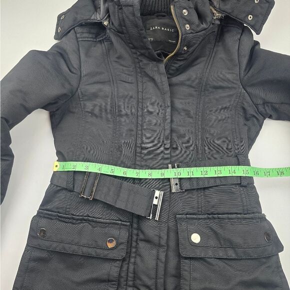 Zara Basic Black Snap Button Pockets Full Zip Belted Lined Hooded Jacket Size M - Picture 8 of 12